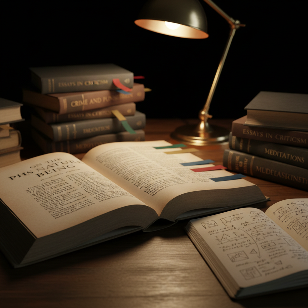 A close-up of an open philosophical text on a dark wooden surface, surrounded by small stacks of classic novels and essay collections. Several slender, differently colored page markers protrude from the books, and a cloth-covered notebook lies nearby, its pages filled with dense, non-legible scribbles and diagrams. A warm, directed reading lamp creates dramatic side lighting, highlighting the texture of the paper, the embossed titles on the spines, and the gentle wear on the covers. Shot in photographic realism from a low, intimate angle, with a shallow depth of field that isolates the central open pages, the mood is deeply focused, inviting extended reflection and slow, careful reading.
